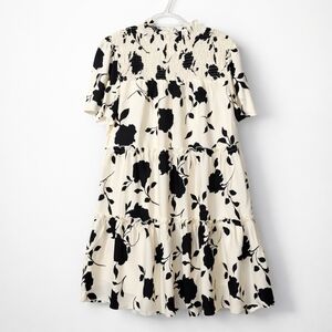 Smocked High-Neck Ruffle Tiered Mini Dress Cream Black Floral Boho Babydoll